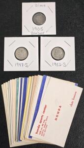 1905 Barber Silver Dime, 1947-S & 1952-S Silver Dimes (90% Silver Content) & (28) Vintage Business Cards
