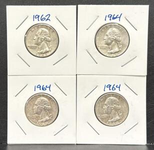 (4) 1962 & 1964 Washington Quarters, 90% Silver Composition