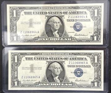 (2) Consecutive Serial Number 1957 U.S. Silver Certificate One Dollar Bills, Serial Z11068965A Z11068964A