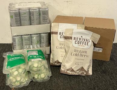 (12) Cartons Of Good Karma Unsweetened Flaxmilk, (2) 12 Pack Sovany Green Apple Sparkling Water, Coffee & Spearmint Candy