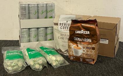 (12) Cartons Of Good Karma Unsweetened Flaxmilk, (2) 12 Pack Sovany Green Apple Sparkling Water, Coffee & Spearmint Candy