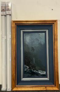 Framed Canvas Painting &ldquo;Reflecting Midnight&rdquo; & (2) Genimo Blackout Curtains (White, 41&rdquo;x72&rdquo;)
