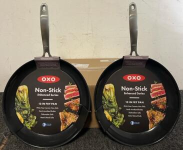 (2) OXO Non-Stick Enhanced Series 12&rdquo; Frying Pans & (12) Pcs 32 Oz Wide Mouth Mayo Flint Jars 70MM CT