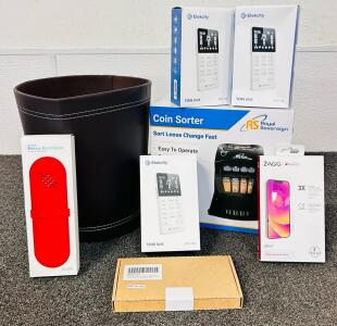 Etekcity Tens Units, Coin Sorter, Leather Trash Can, Makeup Brush Holder, and Screen Protectors
