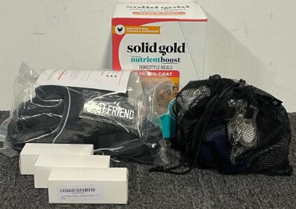 Dog Goods Including Solid Gold Skin & Coat Meals, XL Dog Harness, (2) Sets Of Medium Dog Boots & (3) Bottles Of Liquid Collagen For Dogs