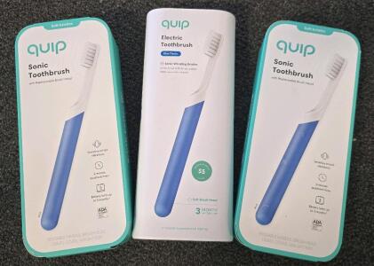 (3) Quip Sonic Toothbrushes, (2) Include Replacement Brush Heads