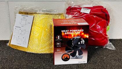 Heat Powered Stove Fan, Gold Toned Metal Christmas Tree Ring, and Size 3XL Grinch/ Santa Costume