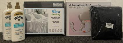 Maya Bedding Queen Sheets Set (Charcoal Gray), 100 % Blackout No Drill Blinds, Oculus Quest 2 Controller Accessory & Goldbond Daily Lotion