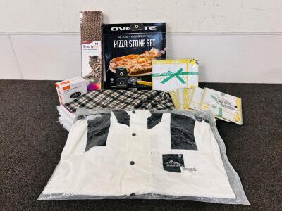 Green Plaid Fabric, 13" Pizza Stone Set, Cat Scratch Board, Weekly Planner Mouse Pads, and Addirfeng Jacket