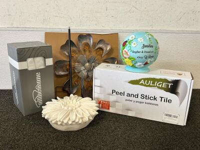 Garden Deco Flowers, Box Of Stick And Peel Tile, Blue Garden Globe, and Ambersome Fiber Fitted Sheet