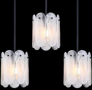 (3) Hanging Light Fixtures, Translucent Bubble Glass Panels & Matte Black Metal (Glass Panels Different From First Photo)