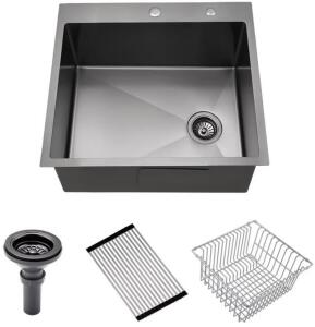 16 Gauge Nano Black Stainless Steel Single Bowl Topmount Kitchen Sink With Accessories SM010SBG (25&rdquo; X 22&rdquo; X 10&rdquo;)