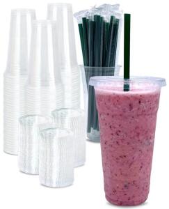 Business Supplies &mdash; 200 Pcs 24 Oz Clear Plastic Drink Cups W/ Lids & Wide Straws