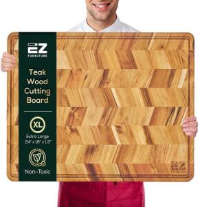 Non-Toxic Teak Herringbone Wood Cutting & Serving Board, Pre-Oiled W/ Food-Grade Mineral Oil (XL 24" x 18" x 1.5", 16.98 lbs)