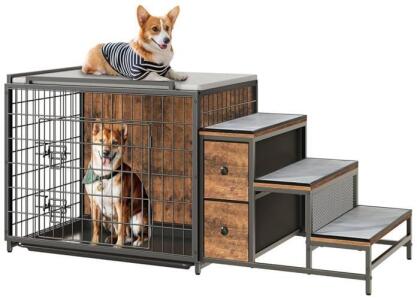 53&rdquo; Multipurpose Wooden Dog Kennel W/ Storage Drawers & Steps