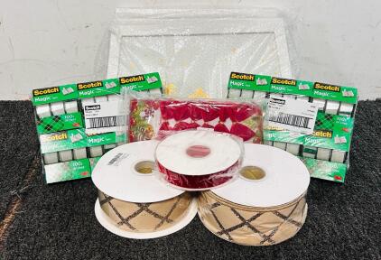 Scotch Magic Tape, Red Bow Christmas Decorations, Velvet Wired Ribbon, and Nativity Christmas Tree Collar