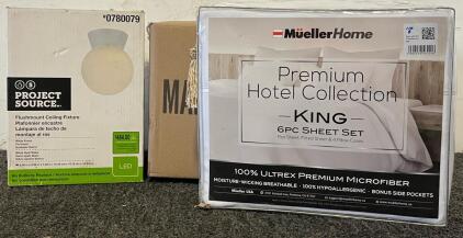 King Sheets Set, Hanging Lighr Fixture & Flushmount Ceiling Light Fixture