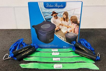 Deluxe Recycles 8 Gallon Recreational Trash Container/ Multi-Functional Storage Tote, Pair Of Young Marine Bungee With Spring Hook, and (4) 21" Mower Blades (Fits Greenworks)