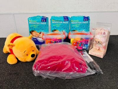 (3) Packs Of Sposie Booster Pads, Colorful Stress Cubes, The Grinch/ Santa Suit, Fake Plastic Knife, and Plush Scented Doll Pendant