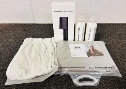 Pair Of Womans Size Medium Wide Straight Leg Fleece Sweatpants, New In Box Portable Handheld Garment Steamer, (2) Bottles Of Laundry Suace Performance Fabric Conditioner (Siberian Pine) and 3-Piece Duvet Bedding Set (Gray/ Queen)