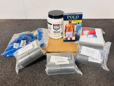 Men's Bundle: Muscle Milk, Polo Classic Fit Boxers, V-Neck Shirts, Prewrap Athletic Sports Tape, Bathroom Scale, and Pair Of Blue Nike Shorts