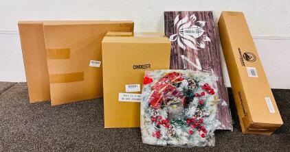 Pack Of 4 Christmas Wreaths, Wakeman Outdoors 2-Person Tent, (3) Zen Wall Signs, and (3) Halloween Plush Pillows