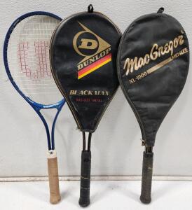 (1) Vintage Dunlop Black Max Mid-Size Metal Tennis Racquet (1) Vintage MacGregor XL-1000 Midsize Tennis Racket (1) Wilson Pro Star High Beam Series Graphite Tennis Racquet