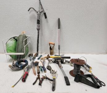 (1) Ratchet Power Puller (1) Steel Level Pump (1) Extendable Garden Hoe And Assorted Tools And Supplies