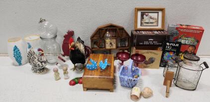 (1) Wooden Jewlery Box (2) White Hand-Painted Art Glass Vase (1) Small Handmade Barn-Shaped Clock And More