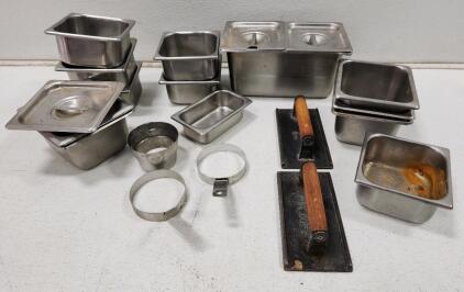 (2) Cast Iron Bacon Press (2) Stainless Steel Egg Ring (11) Stainless Steel Commercial Food Pans And More