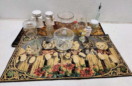(1) Vintage Glass "Sanitary Cheese Preserver" (1) Royal Copley Lark Bird Figurine (2) Vintage Harrods Knightsbridge Food Halls White Ceramic Canister (1) Vintage Ball Ideal Glass Mason Jar (2) 37 1/2" X 20" Animal Designed Placemats And Assorted Glass C