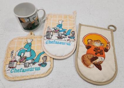 (1) Gary Larson The Far Side Dinosaurs Coffee Mug 12oz (1) Chefasaurus Oven Mitt And Pot Holder Set (1) Vintage Hot Stuff Fox Fabric Pot Holder