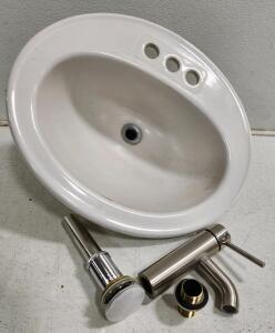(1) Oval Drop-In Bathroom Sink (1) Elite Brand Bathroom Faucet (1) Push Pop-Up Drain