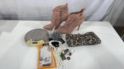 (1) Pair Of LALA IKAI Pink Heels Size 40 Euro , (1) Lulu Townsend Wallet , (1) SALTER Electric Scale & More