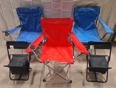(3) Folding Camp Chairs & (2) Folding Fishing Chairs W/Soft Cooler