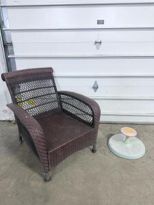 (1) Large Brown Wicker Outdoor Chair & (1) Playskool Sit 'n Spin Classic Spinning Activity Toy