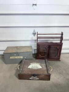 (1) Wooden Hanging Cabinet 2ftx6.5&rdquo;x27&rdquo; & (1) Metal Tool Box 2ftx1ftx1ft & (1) Myers Rum Cream Empty Wooden Box 21&rdquo;x15&rdquo;x6&rdquo;