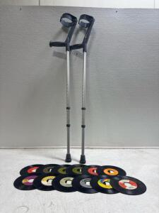 (1) Pair Of Crutches & 12 Assorted 45s Records