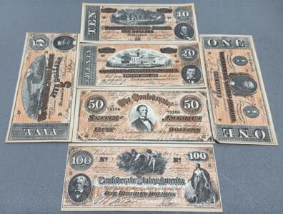 Confederate States Replica Notes - $1, $5, $10, $20, $50, $100, 1864