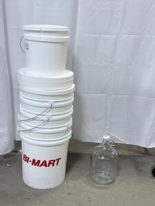(1) 1 Gallon Glass Jar (1) 2 Gallon Bucket W/Lid & (4) 5 Gallon Buckets W/ Lids