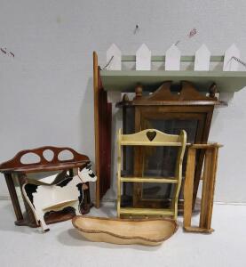 (1) Wooden Curio Cabinet, (1) Natural Bark Rim Serving Bowl, (1) Vintage Cow Corner Shelf With Copper Bell, and More