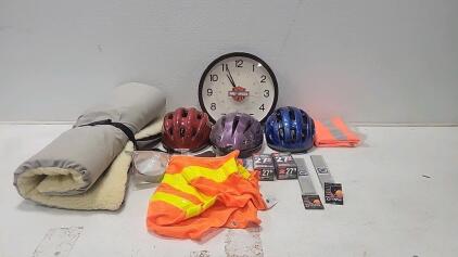 (3) Bicycle Helmets (1) Harley Clock (1) Wool Dog Bed & More Bicycle Accessories