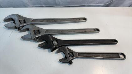 Adjustable Wrench Lot (1) 18&rdquo;. Crescent Wrench (1) 16&rdquo; Proto Wrench (1) 15&rdquo; Blue Point Wrench (1) 12&rdquo; Klein & Sons Wrench