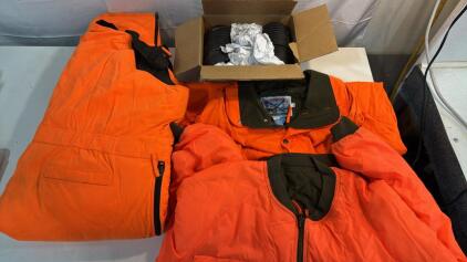 (2) Field & Stream HI-VIZ Hunting Jackets (1) HI-VIZ Insulated Bibs (1) Small Box Of Clay Pigeons