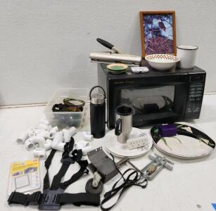 (1) Sharp Carousel Countertop Microwave Oven (1) GoPro Chest Mount Harness (1) Faucet Handle And Compression Sleeve Puller Tool And More