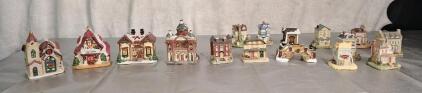 (2) 4-Piece Christmas Village Sets, (1) Ceramic & Lighted, (1) 12-Piece Epoxy Resin Set