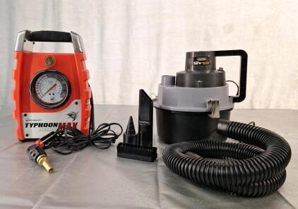 (1) Typhoon Max 12V Air Compressor & (1) 12V Wet/Dry Vacuum W/ Hose & Accessories