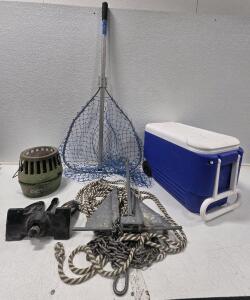 (1) Vintage Coleman Catalytic Heater Model 513A (1) Ranger Landing Net, extends to 6ft. (1) Igloo Cooler, 13" x 23" x 16" (1) 28lb. Anchor, black 12" x 10" x 5" (1) Boat Anchor Silver, 22" x 18"