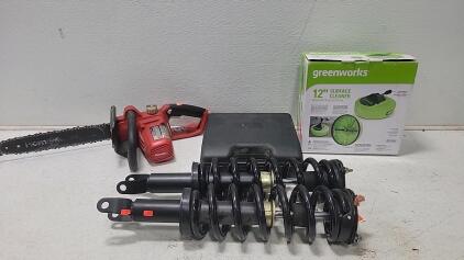 (1) ProXone Electric Drill (1) Homelite Corded Chainsaw (2) Coil-Over Shock Absorber (1) Green Works 12" Surface Cleaner