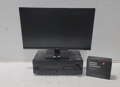 (1) 28" Hp Monitor (1) Yamaha Natural Sound Stereo Receiver (1) Fingerprint Time Clock-In